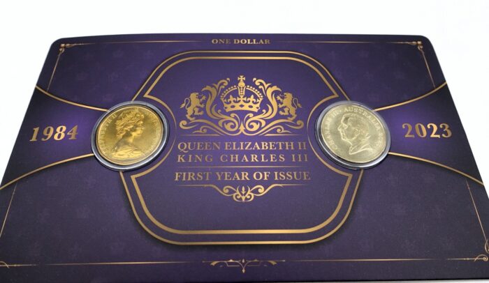 1984 First Elizabeth II $1 & 2023 First Charles III $1 Commemorative Coins Card - Image 2